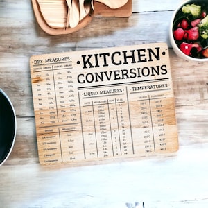Puede incluir: Tabla de conversión de cocina de madera con medidas para conversiones secas, líquidas y de temperatura. Incluye onzas, gramos, pintas, mililitros, tazas y conversiones de Fahrenheit a Celsius. El texto "KITCHEN CONVERSIONS" se muestra.
