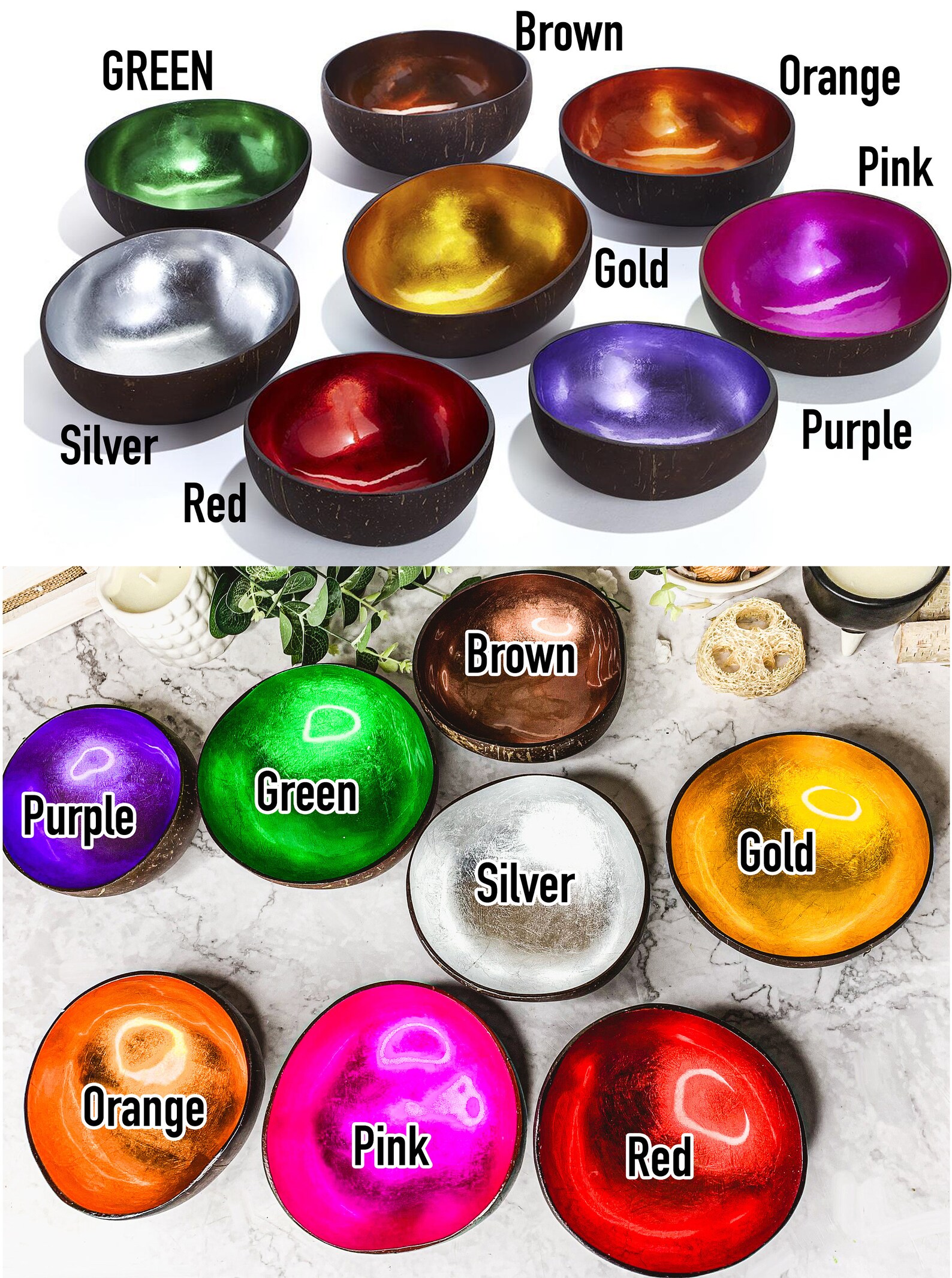 Coconut Bowl, Natural Coconut Shell Bowls With Shimmering Foil Lacquer ...