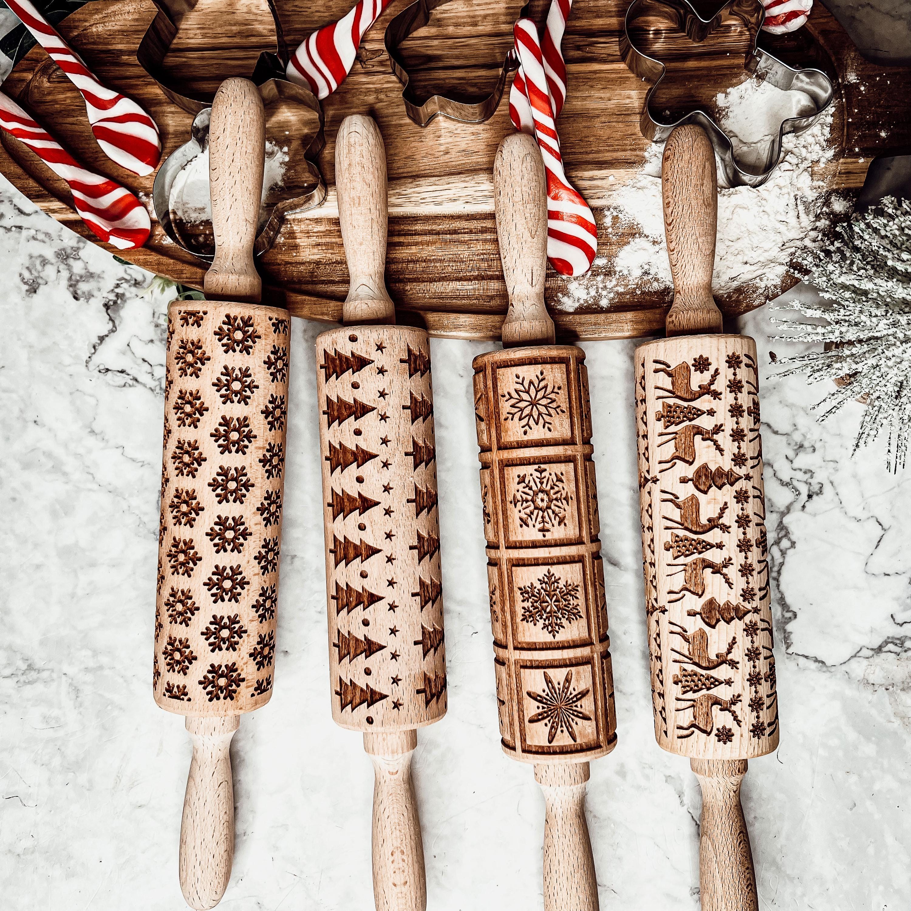 FESTA DI NATALE Mattarello Decorativo per Biscotti - Set di 3 Mattarelli Piccoli | Mattarello Inciso | Rullo per Biscotti e per Modellare per fai da