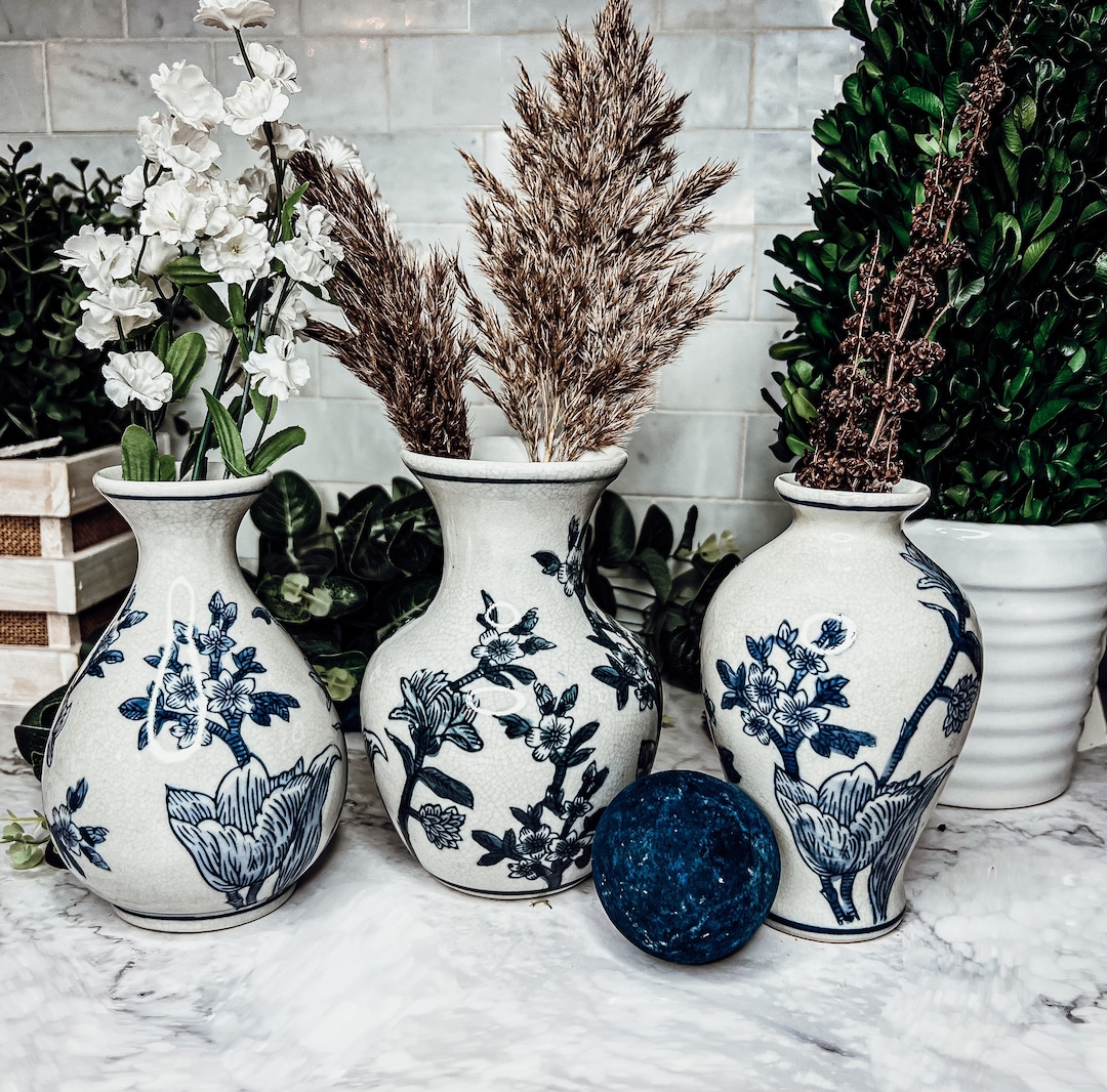 Blue & White Vase Sets, Japanese Blossom Chinoiserie Vases, Blue Vases