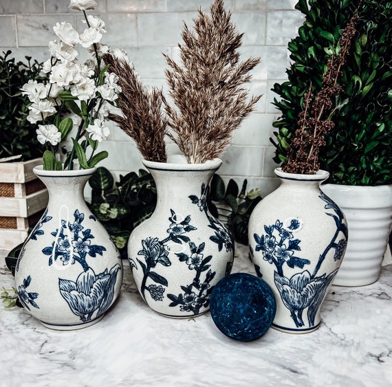 Blue & White Vase Sets, Japanese Blossom Chinoiserie Vases, Blue