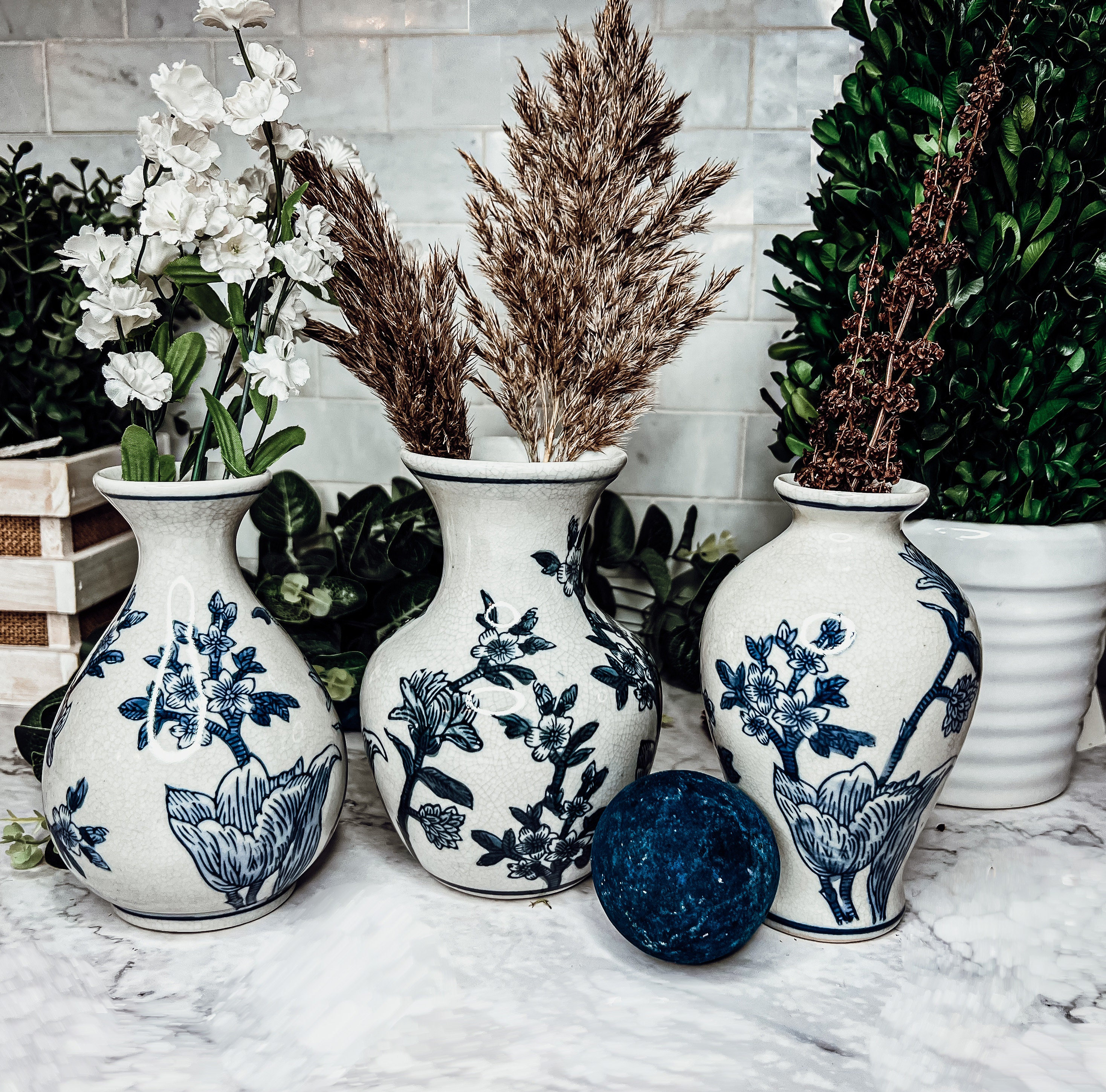 Blue & White Vase Sets, Japanese Blossom Chinoiserie Vases, Blue