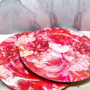 Easter Dinner Plates, Floral Charger Plates, Red and Pink Rose Dinnerware, Spring Plates and Serving