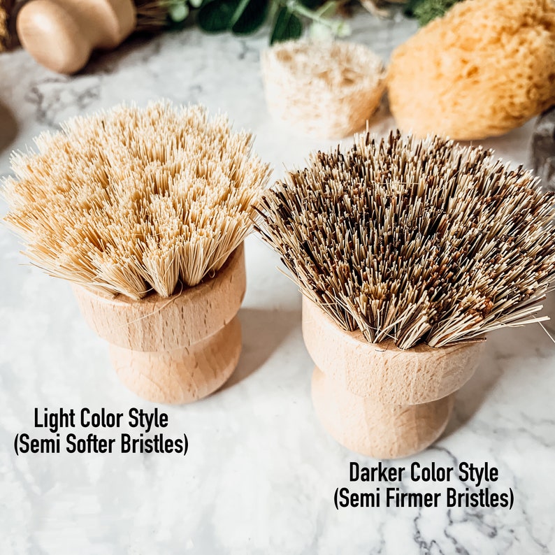 May include: Two wooden handled scrub brushes with natural bristles. The brush on the left has lighter coloured bristles and the brush on the right has darker coloured bristles. The text below the brushes reads "Light Color Style (Semi Softer Bristles)" and "Darker Color Style (Semi Firmer Bristles)".