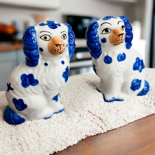 Salt and pepper shakers Ceramic Blue and White, Cute Salt & Pepper Shakers, Staffordshire Dog Kitchen Decor, Hand Painted Chinoiserie Shaker