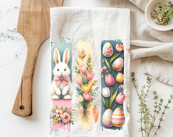 Watercolor Easter Kitchen Towel, Bunny Rabbit Tea Towel, Pastel Easter Eggs Floral Dish Towel, Colorful Spring Kitchen Decor Cute Bunnies