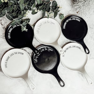 Handmade Spoon Rests With Quotes, Lick the Spoon & Stirring the Pot, Cute Unique Kitchen Gifts, Wooden Spoon, Porcelain Black Spoon Rest