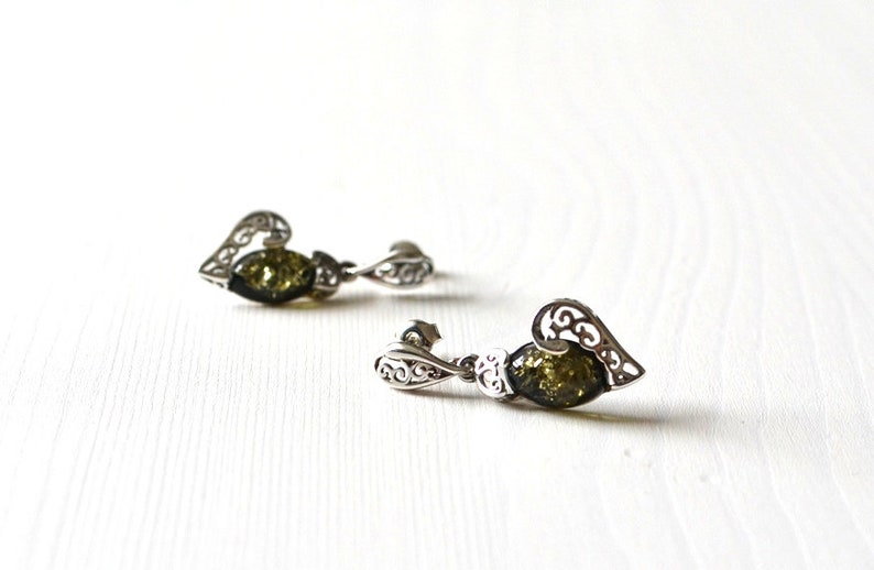 dangle amber earrings heart earrings amber jewelry green gemstone earrings love earrings green Amber Earrings amber love gift