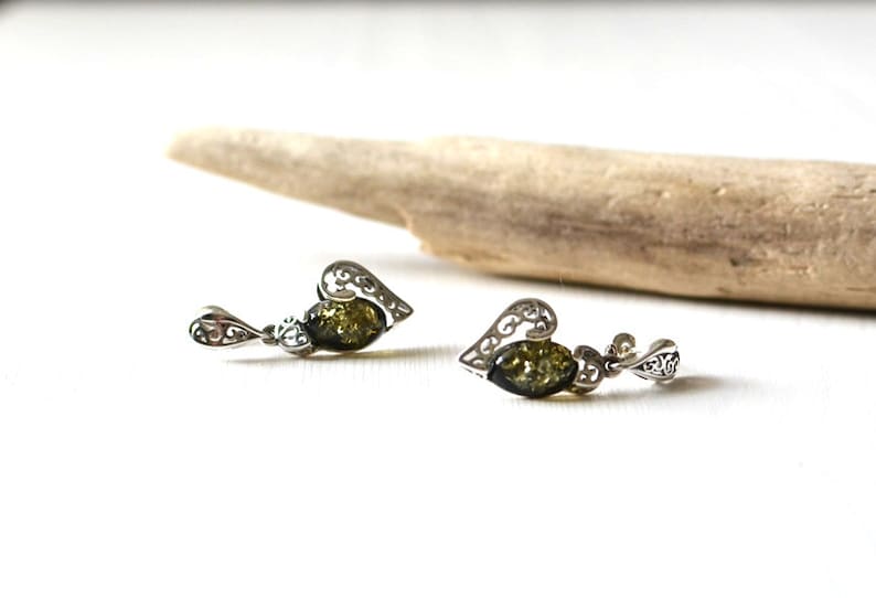 dangle amber earrings heart earrings amber jewelry green gemstone earrings love earrings green Amber Earrings amber love gift