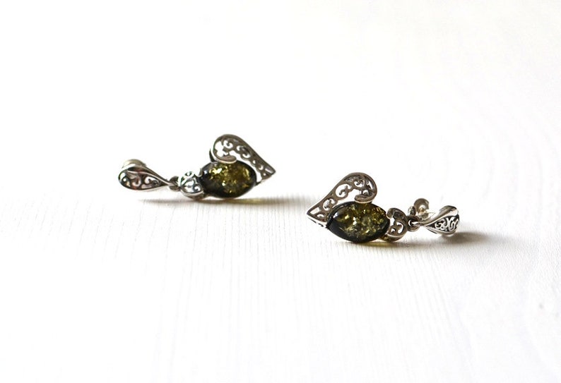 dangle amber earrings heart earrings amber jewelry green gemstone earrings love earrings green Amber Earrings amber love gift