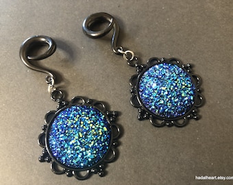 Sparkly Blue Faux Druzy Ear Weights / Earrings for Stretched Ears 2g