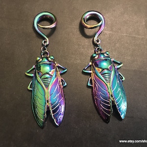 May include: Two iridescent metal cicada-shaped earrings. Each earring features a spiral top and a detailed insect design with green, blue, and purple hues. The earrings are displayed against a dark background.
