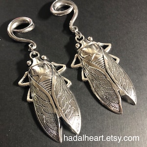 May include: A pair of silver-toned earrings featuring a cicada design. The earrings have a curved top and a detailed insect pendant. The image also includes the text "hadalheart.etsy.com".