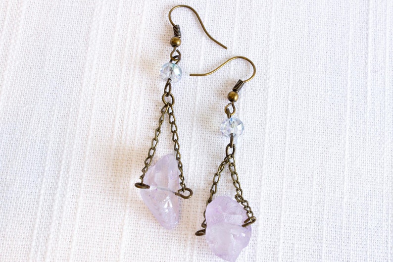 Dangling Earrings with Lilac Quartz Crystals and Glass Rondelle Luster Beads