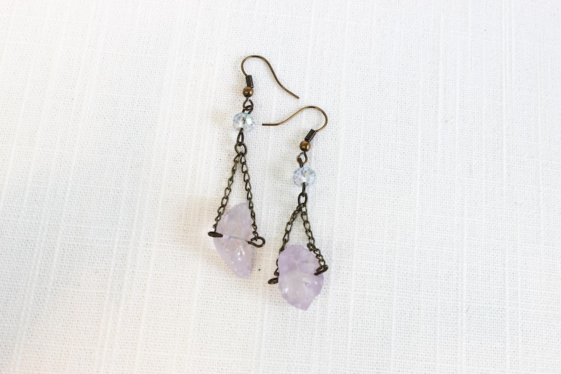 Dangling Earrings with Lilac Quartz Crystals and Glass Rondelle Luster Beads