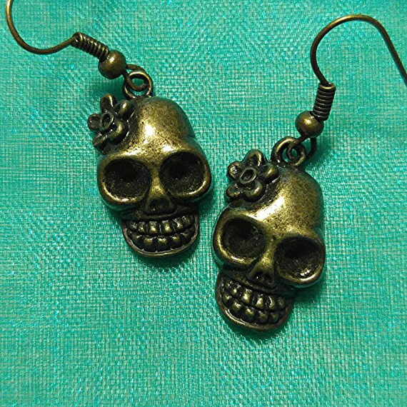 Sugar Skulls Skull Earrings Bronze Sugar Skull Goth | Etsy