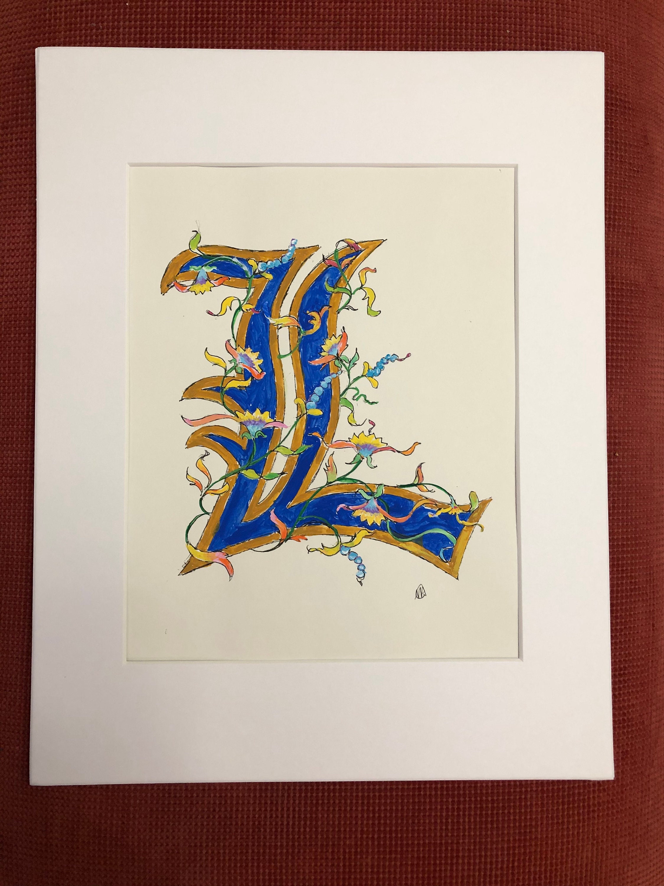Illuminated Letter l, Hand Painted, Old English Script, Original Design