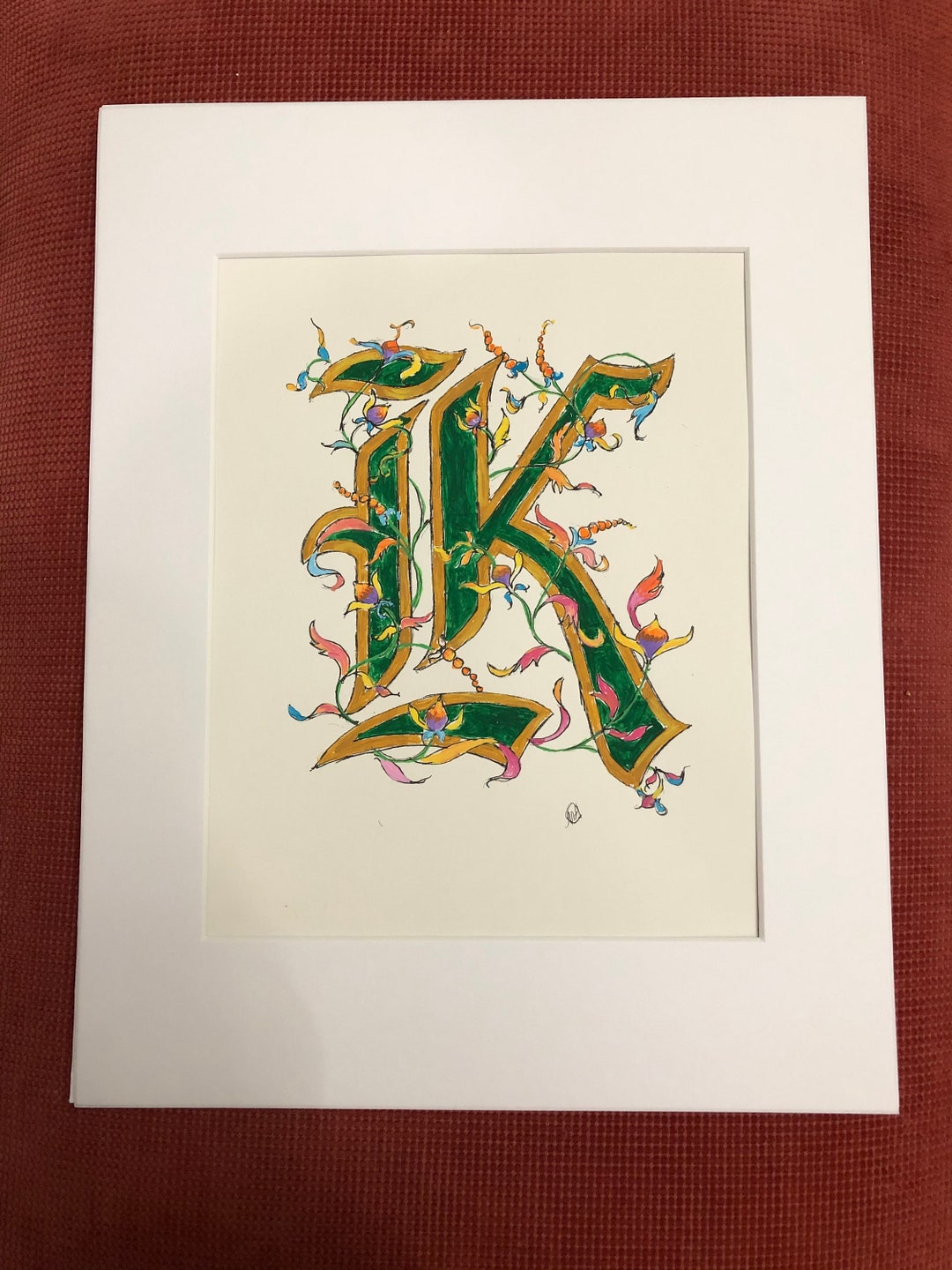 Illuminated Letter K, Hand Painted, Old English Script, Original Design
