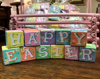 Block Letters for Happy Easter, Spring Flowers Wooden Block table decoration
