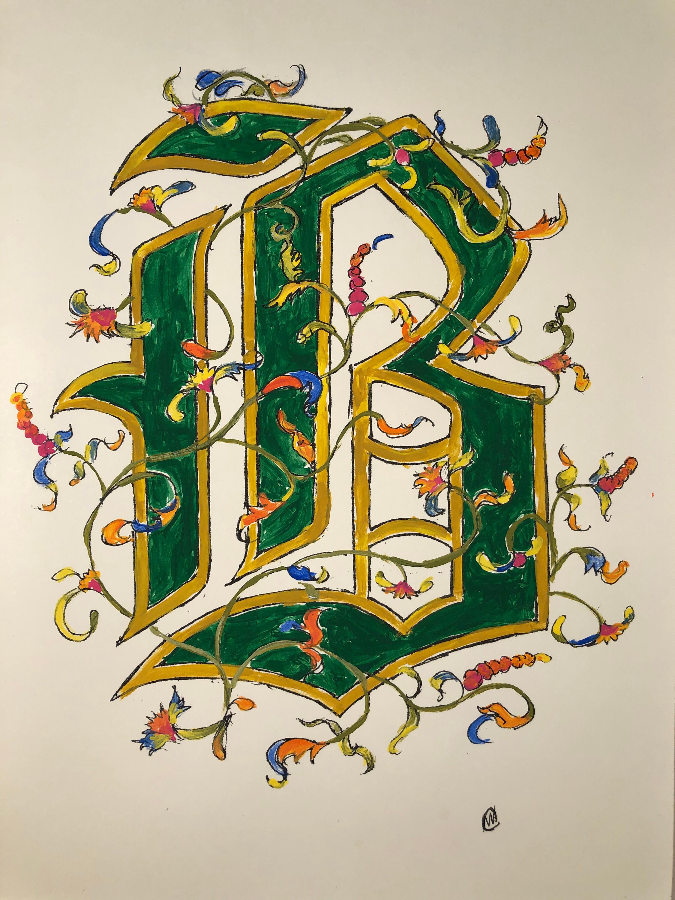 Illuminated Letter B, Hand Painted Old English Script, Original Design