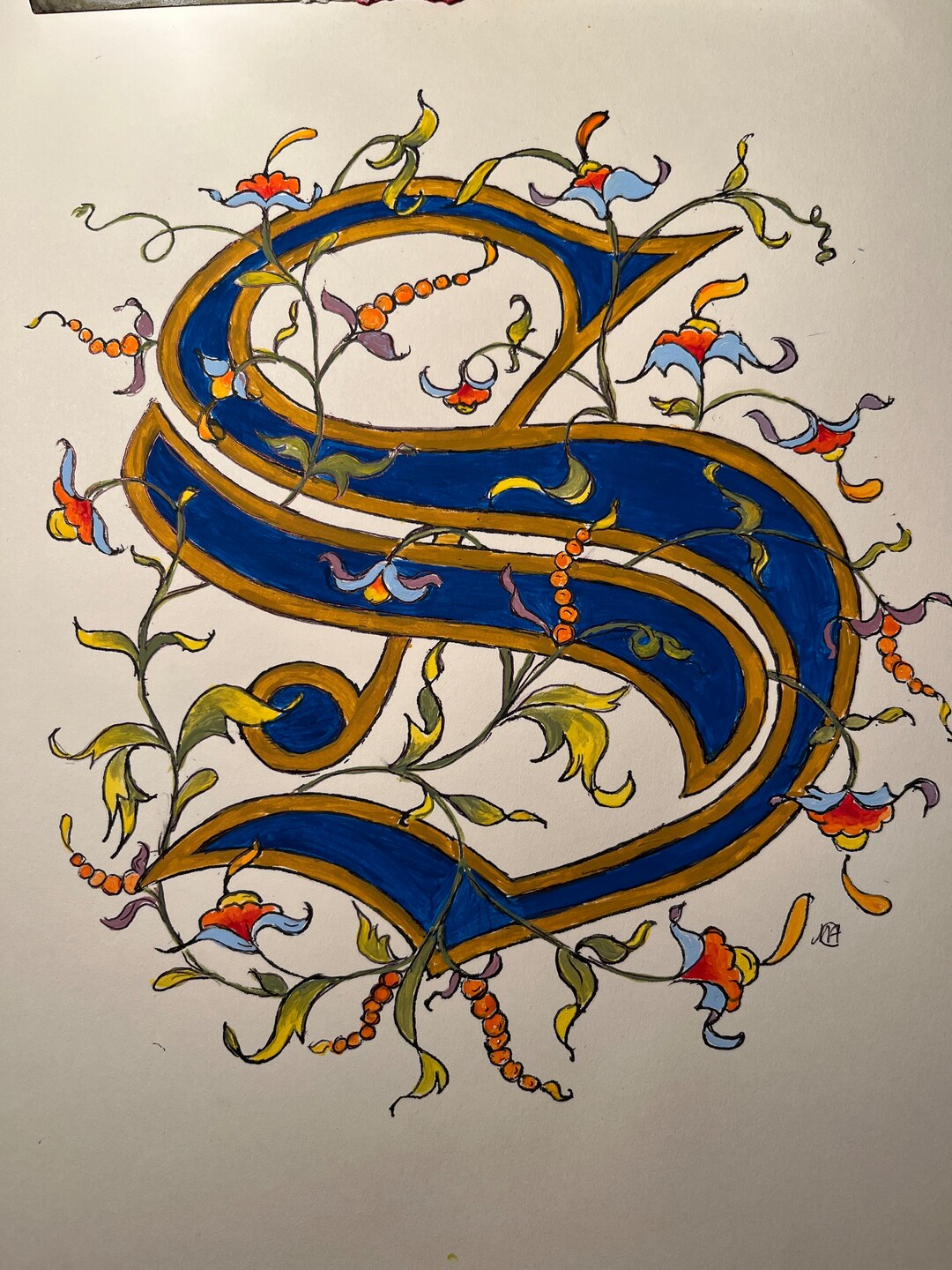 Illuminated Letter s, Hand Painted Old English Script, Original Design