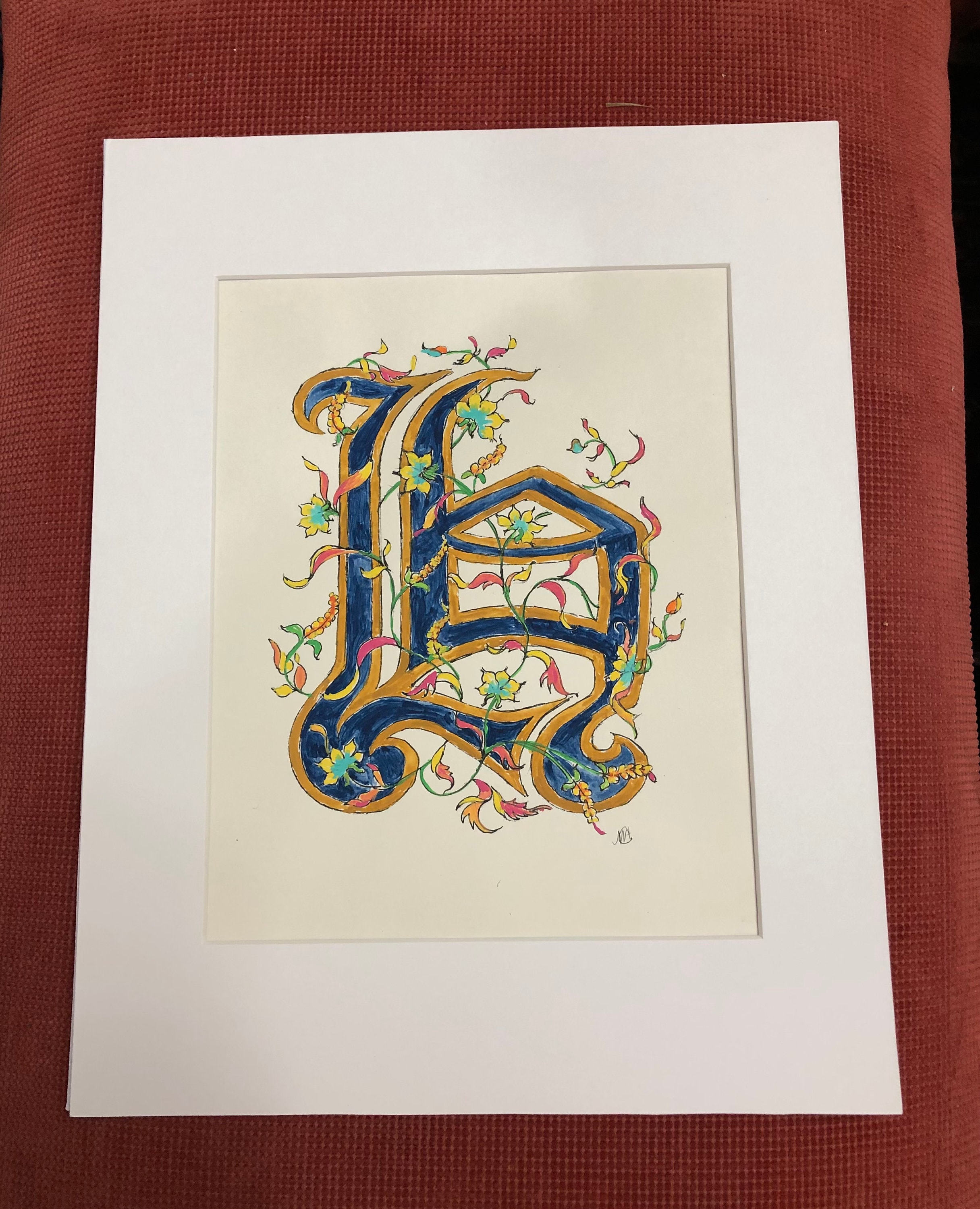 Illuminated Letter H, Hand Painted Old English Script, Original Design