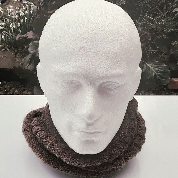 mans cowl scarf knitted in brown ombre wool mohair and polyamide from Rowan yarns