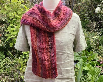 purple pink and orange scarf knitted in acrylic and mohair with openwork patterns