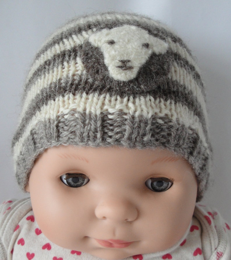stripe knit baby cap age 0-3mths newborn knit hat with sheep-motif gender-neutral