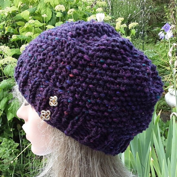 purple chunky slouch hat for women knitted with texture in Donegal wool with angora