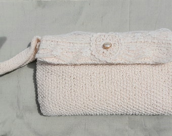 off-white bridal clutch bag knitted in cotton with lace trim flap