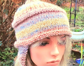 woman earflap hat in ombre pastel shades size s-m knitted in vegan acrylic