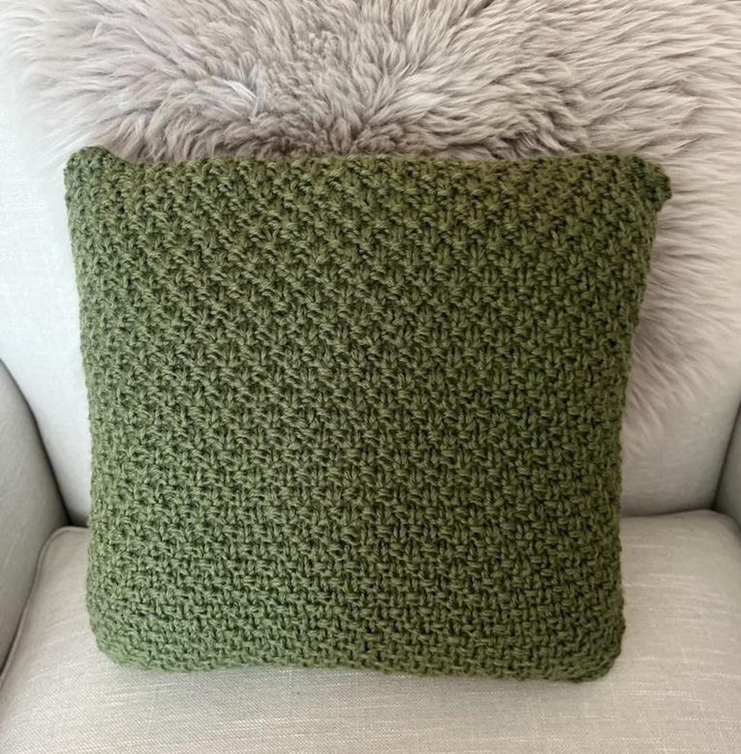 Moss Green Cushion Cover Knitted in Pure Wool Irish Moss Stitch to Fit