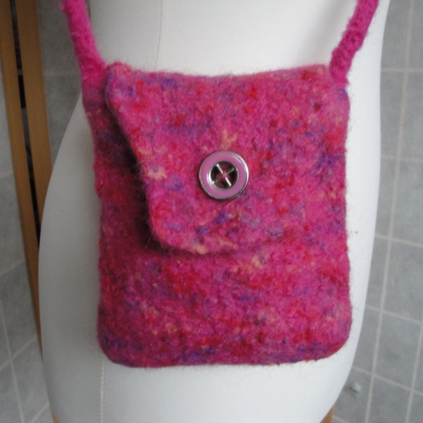 pink purse, across-body bag, felt bag with button flap, pink multi bag, wool felt purse, purse with retro button, pink lilac shoulder bag