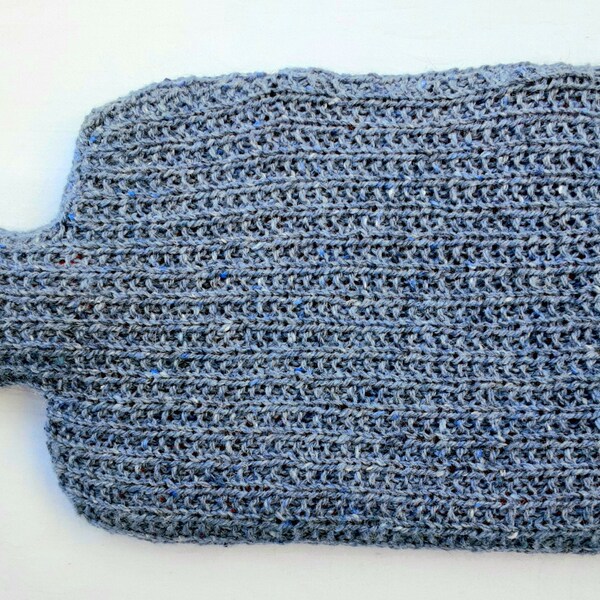 hot water bottle cosy for men or women hand knitted in medium blue wool and alpaca