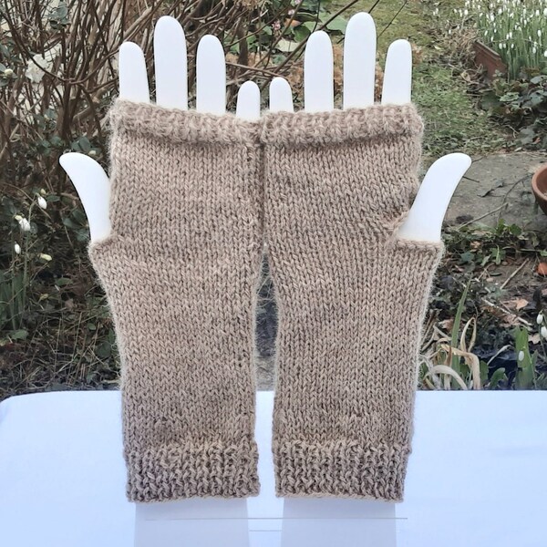 fingerless gloves for women handknitted in fawn pure baby alpaca