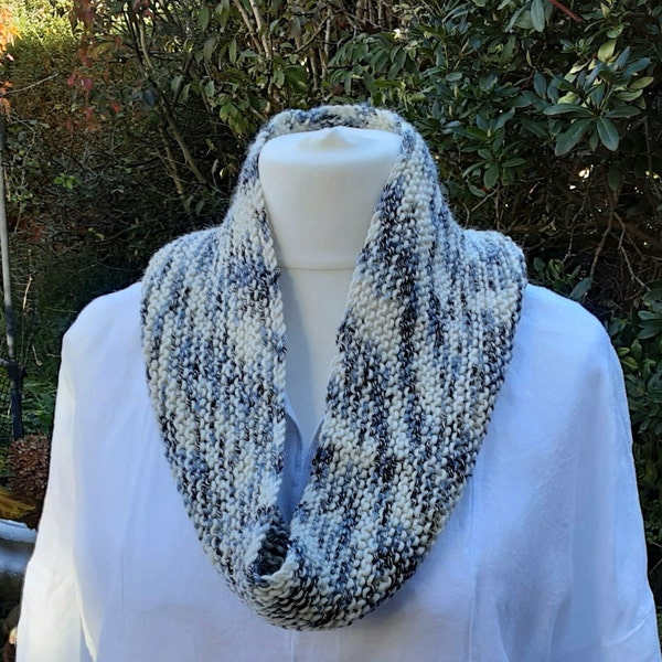 cowl for women handknitted in grey and cream shades of acrylic with viscose