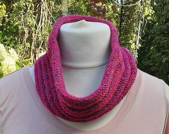 cerise concertina cowl for women and teens knitted in acrylic mix yarn