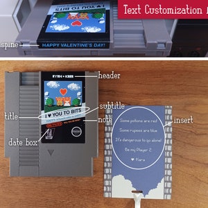 Customization areas on the reproduction NES greeting card from Pixel Cats include: a header above the label art, a title and subtitle below, a date box and note below the titles, a spine on the top edge of the cart, and insert text.