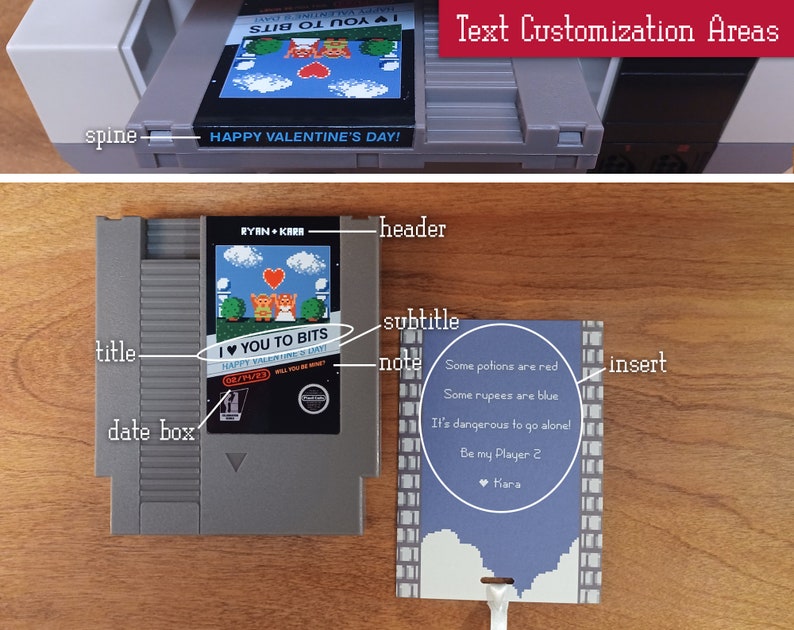 Customization areas on the reproduction NES greeting card from Pixel Cats include: a header above the label art, a title and subtitle below, a date box and note below the titles, a spine on the top edge of the cart, and insert text.