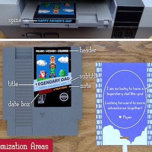 Puede incluir: Una tarjeta del D&iacute;a del Padre personalizable dise&ntilde;ada para parecerse a un cartucho de videojuego vintage. La tarjeta presenta un dise&ntilde;o azul y blanco con el texto "LEGENDARY DAD" y "HAPPY FATHER'S DAY!" La tarjeta tambi&eacute;n incluye un &aacute;rea de mensaje personalizable.