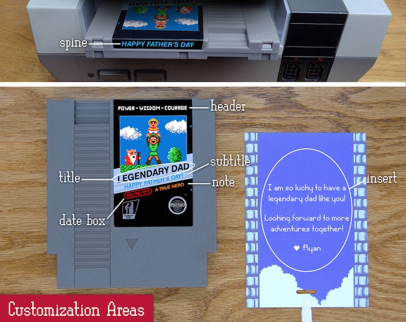 Puede incluir: Una tarjeta del D&iacute;a del Padre personalizable dise&ntilde;ada para parecerse a un cartucho de videojuego vintage. La tarjeta presenta un dise&ntilde;o azul y blanco con el texto "LEGENDARY DAD" y "HAPPY FATHER'S DAY!" La tarjeta tambi&eacute;n incluye un &aacute;rea de mensaje personalizable.