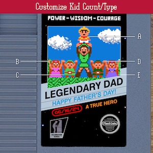 Puede incluir: Una tarjeta personalizable de estilo cartucho de videojuego con una imagen pixelada de un padre y sus hijos. La tarjeta dice "Pap&aacute; Legendario" y "&iexcl;Feliz D&iacute;a del Padre!" con una fecha y las palabras "Un Verdadero H&eacute;roe".