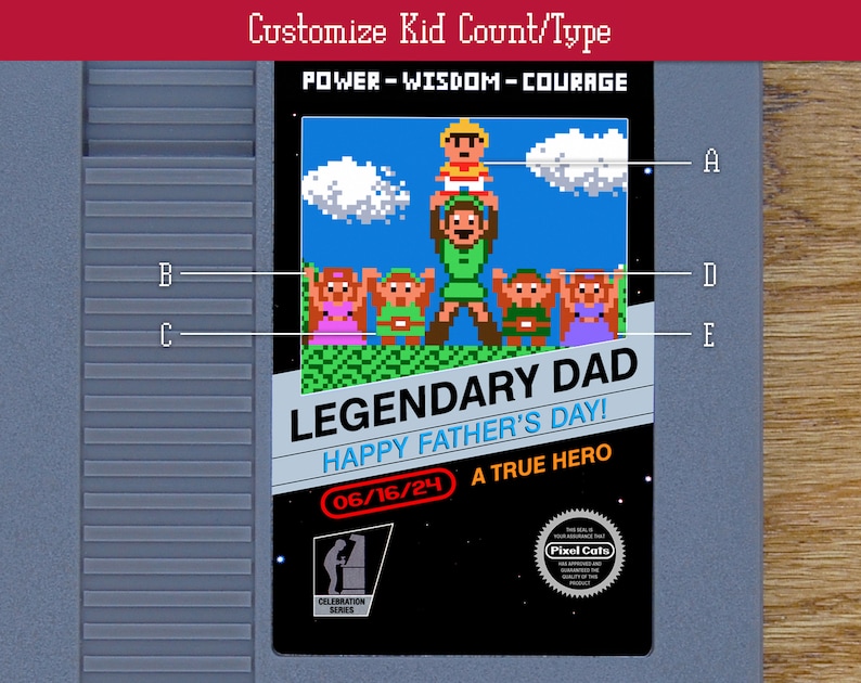 Puede incluir: Una tarjeta personalizable de estilo cartucho de videojuego con una imagen pixelada de un padre y sus hijos. La tarjeta dice "Pap&aacute; Legendario" y "&iexcl;Feliz D&iacute;a del Padre!" con una fecha y las palabras "Un Verdadero H&eacute;roe".