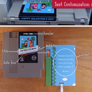 Customization areas on the reproduction NES greeting card from Pixel Cats include: a header above the label art, a title and subtitle below, a date box and note below the titles, a spine on the top edge of the cart, and insert text.