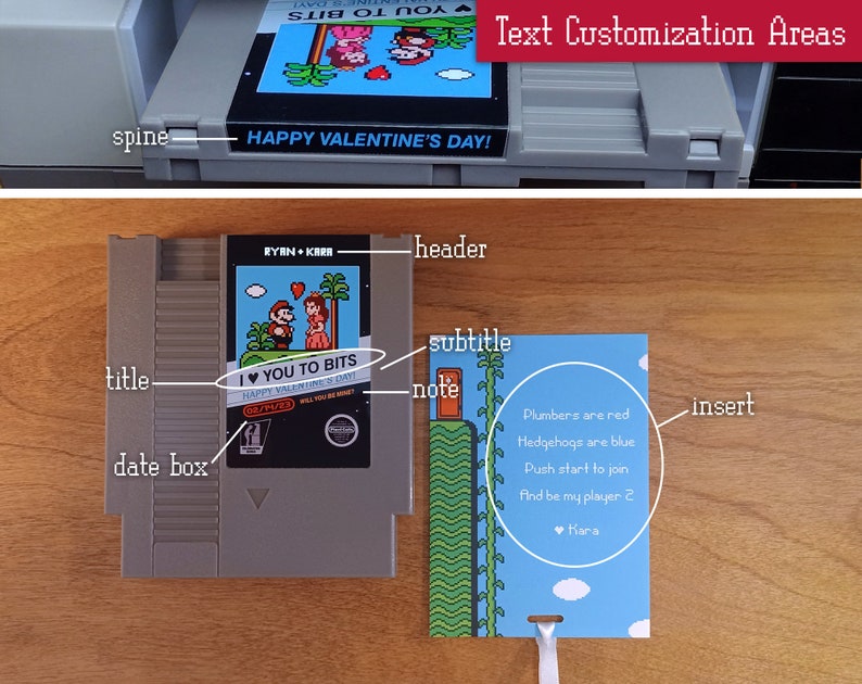 Customization areas on the reproduction NES greeting card from Pixel Cats include: a header above the label art, a title and subtitle below, a date box and note below the titles, a spine on the top edge of the cart, and insert text.