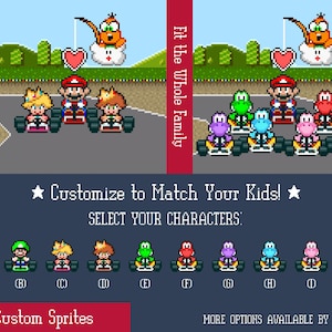 May include: Pixel art graphic featuring characters in go-karts, with text that reads "Customize to Match Your Kids!" and "Custom Sprites." The image shows various character options, including Mario, Peach, and Yoshi, in a retro video game style.