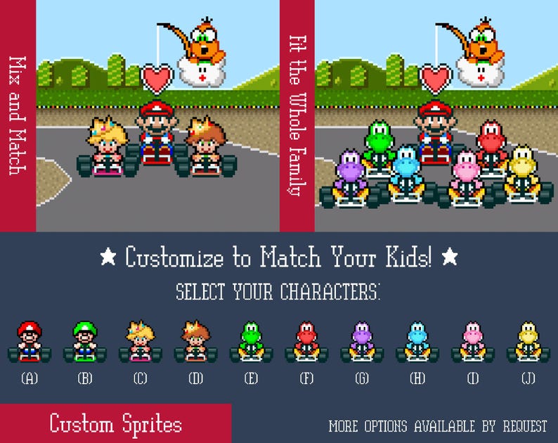 May include: Pixel art graphic featuring characters in go-karts, with text that reads "Customize to Match Your Kids!" and "Custom Sprites." The image shows various character options, including Mario, Peach, and Yoshi, in a retro video game style.