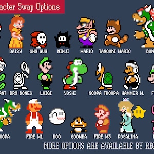 Many characters from several Super Mario games are shown as options to swap as substitute characters instead of Mario or Peach for the card art. Image details that more options are available by request.