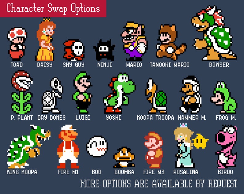 Many characters from several Super Mario games are shown as options to swap as substitute characters instead of Mario or Peach for the card art. Image details that more options are available by request.